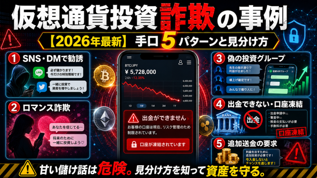 仮想通貨投資詐欺の事例【2026年最新】手口5パターンと見分け方