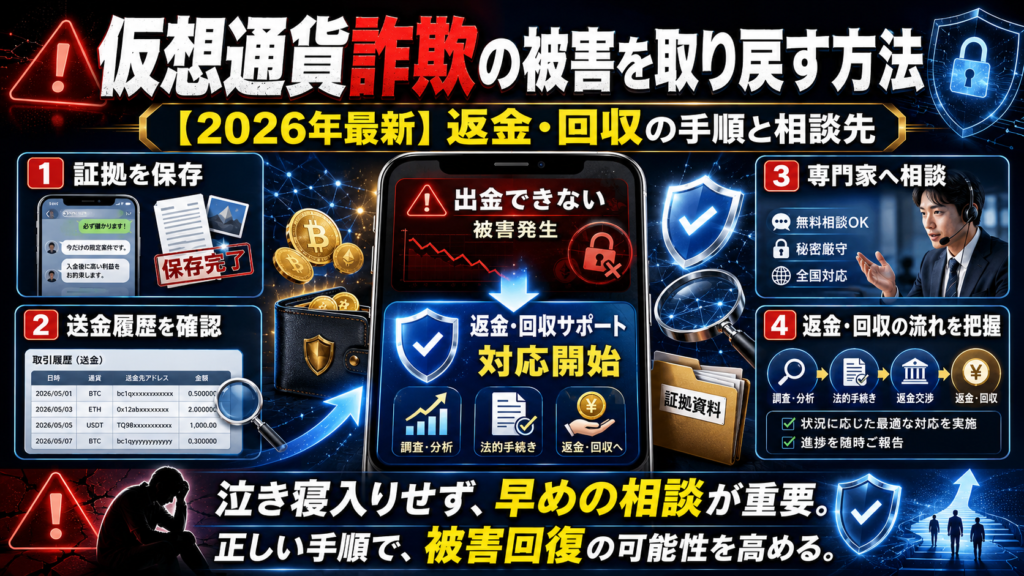 仮想通貨詐欺の被害を取り戻す方法【2026年最新】返金・回収の手順と相談先