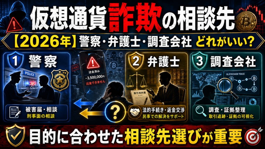 仮想通貨詐欺の相談先【2026年】警察・弁護士・調査会社どれがいい？