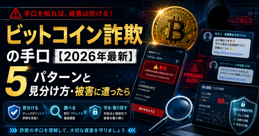 ビットコイン詐欺の手口【2026年最新】5パターンと見分け方・被害に遭ったら