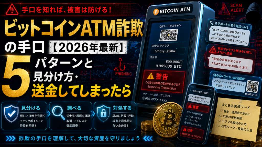 ビットコインATM詐欺の手口【2026年最新】5パターンと見分け方・送金してしまったら