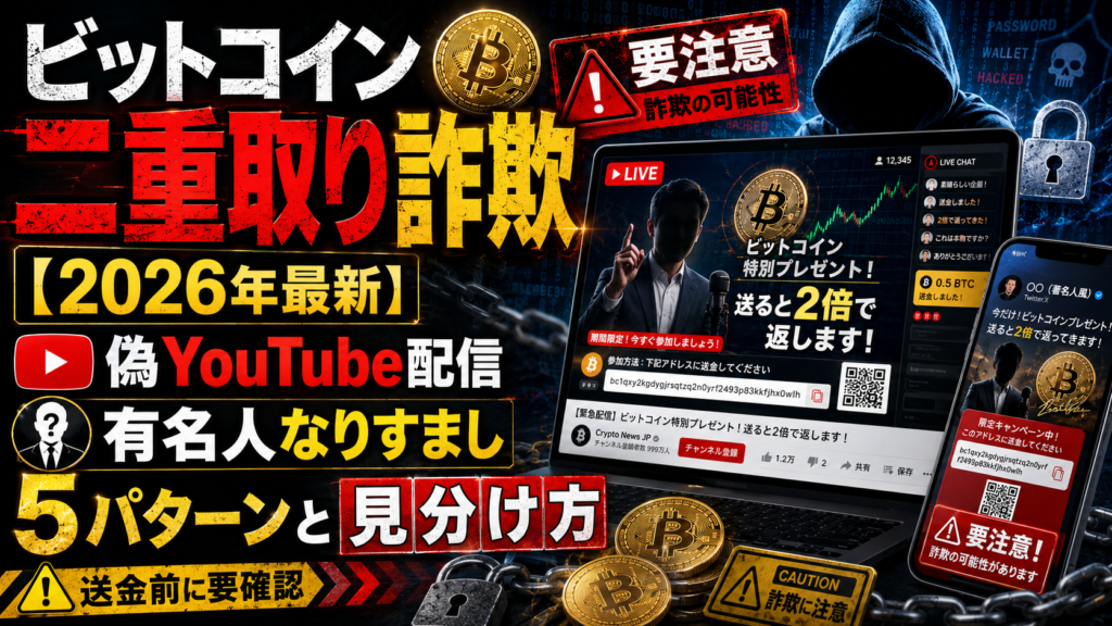 ビットコイン二重取り詐欺の手口【2026年最新】偽YouTube配信・有名人なりすまし5パターンと見分け方