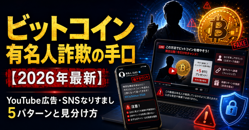 ビットコイン有名人詐欺の手口【2026年最新】YouTube広告・SNSなりすまし5パターンと見分け方