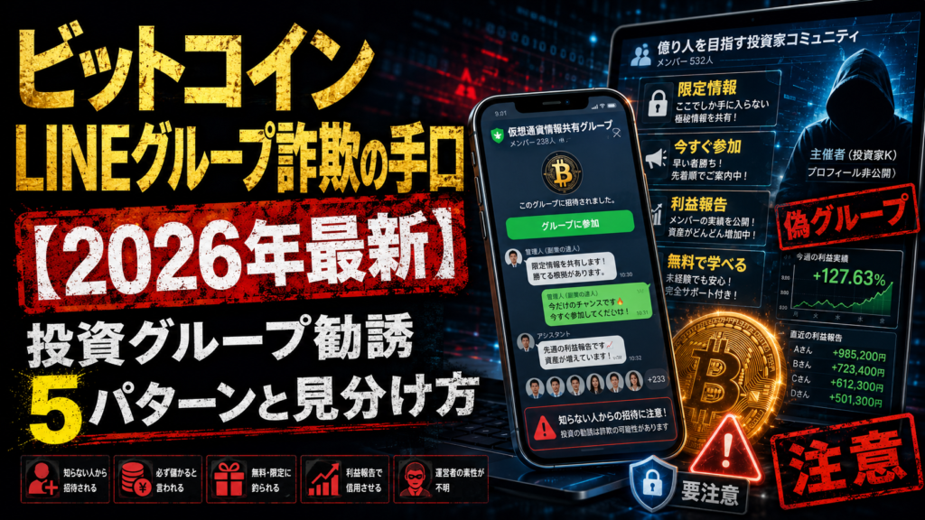 ビットコインLINEグループ詐欺の手口【2026年最新】投資グループ勧誘5パターンと見分け方