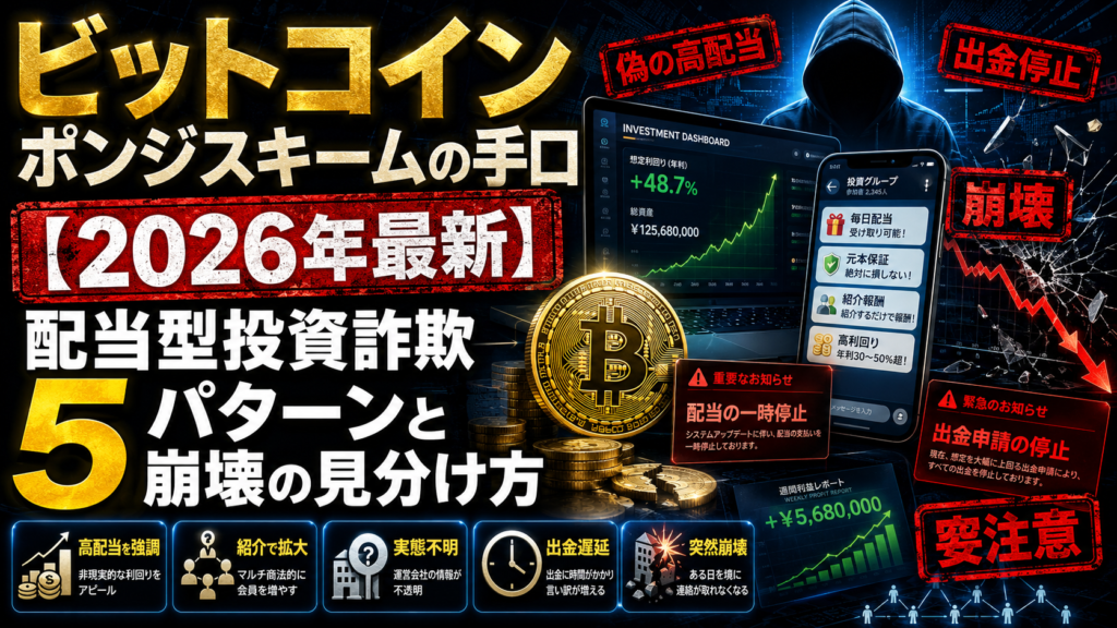 ビットコインポンジスキームの手口【2026年最新】配当型投資詐欺5パターンと崩壊の見分け方