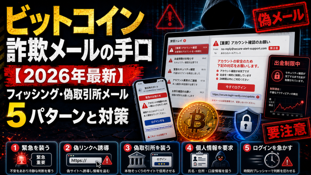 ビットコイン詐欺メールの手口【2026年最新】フィッシング・偽取引所メール5パターンと対策