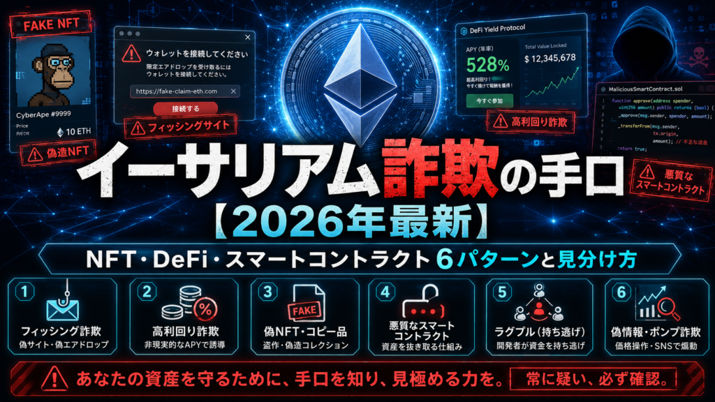 イーサリアム詐欺の手口【2026年最新】NFT・DeFi・スマートコントラクト6パターンと見分け方