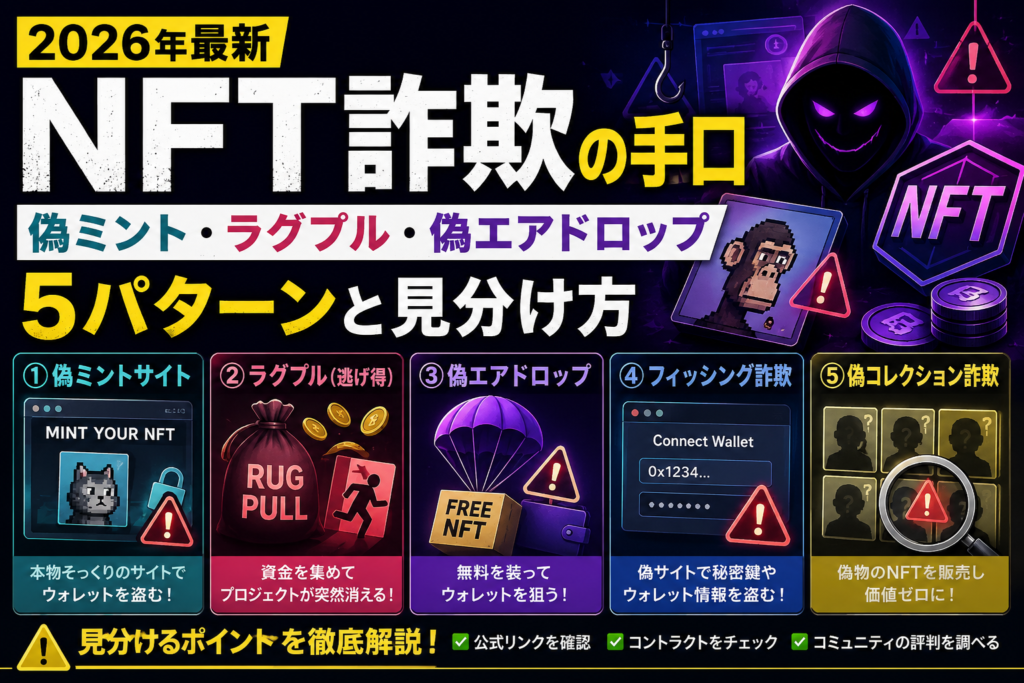 NFT詐欺の手口【2026年最新】偽ミント・ラグプル・偽エアドロップ5パターンと見分け方