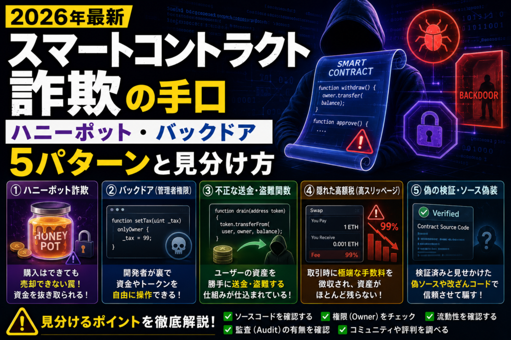 スマートコントラクト詐欺の手口【2026年最新】ハニーポット・バックドア5パターンと見分け方
