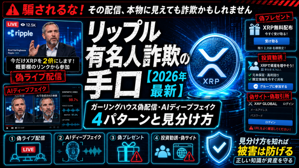 リップル有名人詐欺の手口【2026年最新】ガーリングハウス偽配信・AIディープフェイク4パターンと見分け方